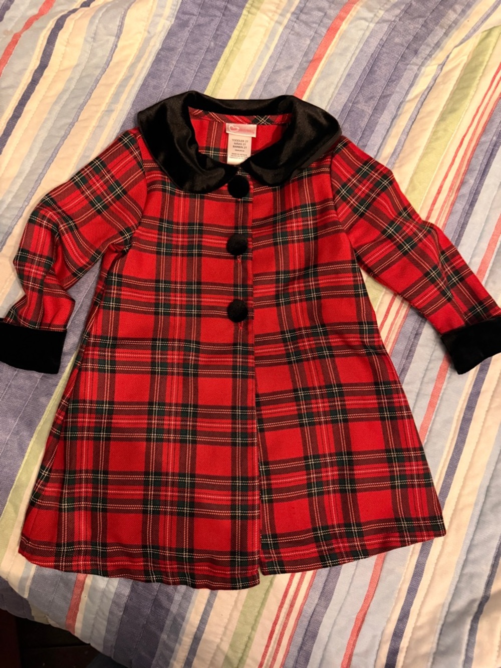 Red Plaid Girls' Coat with Black Velvet Trim